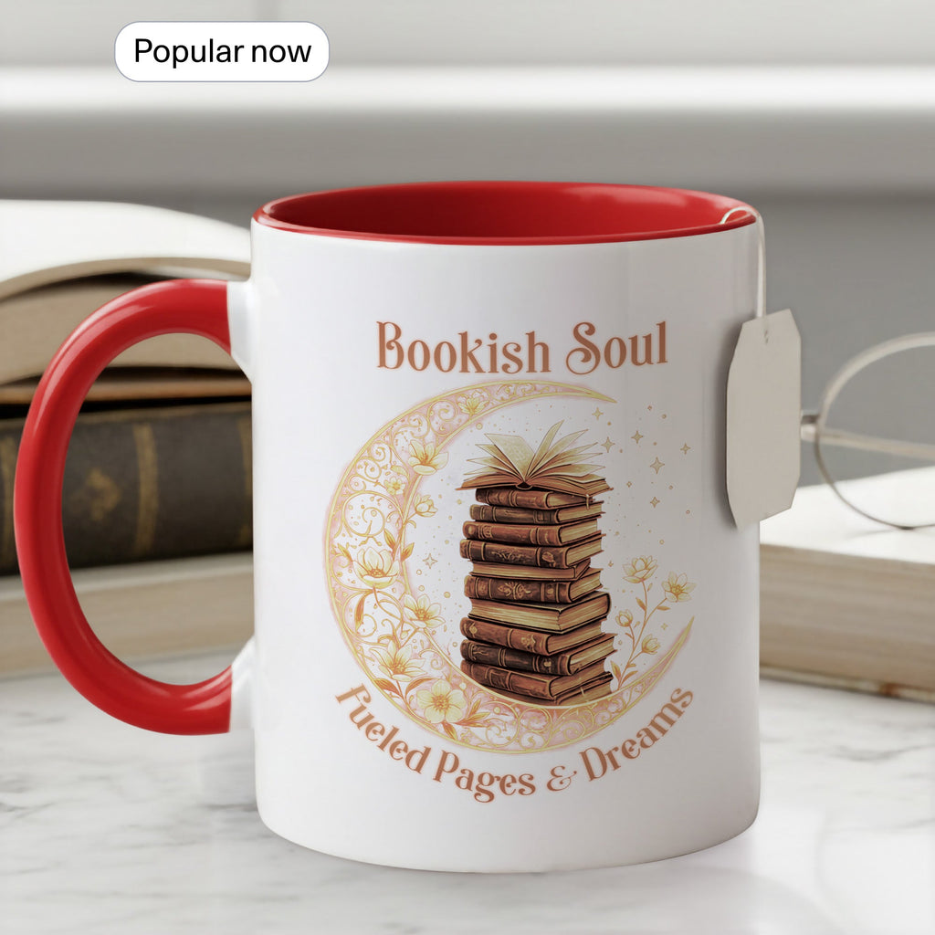 Bookish Soul Mug – Stacked Books Coffee Cup – Literary Aesthetic Gift – Reader Mug 11oz 15oz Ringer | Muug 140